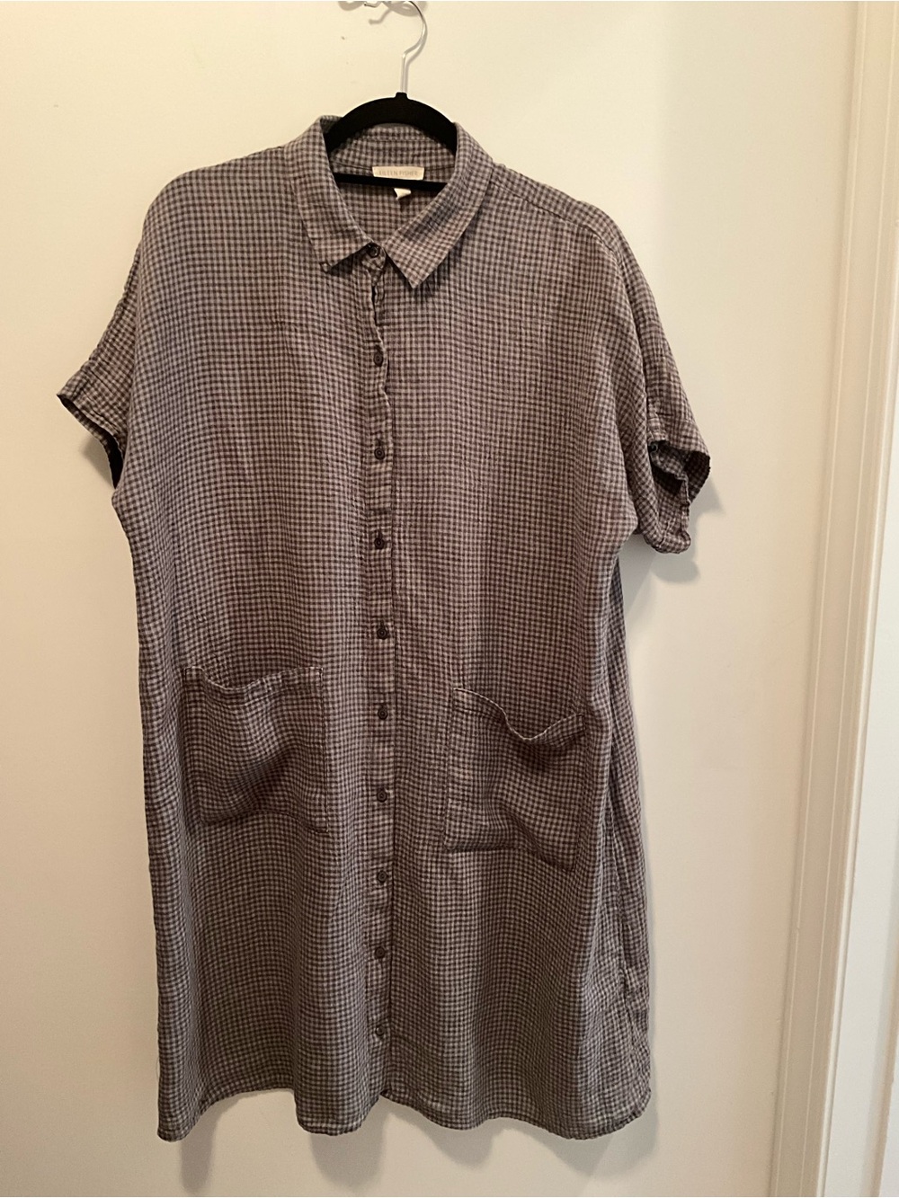 Eileen Fisher Gray Gingham Mini Shirt Dress